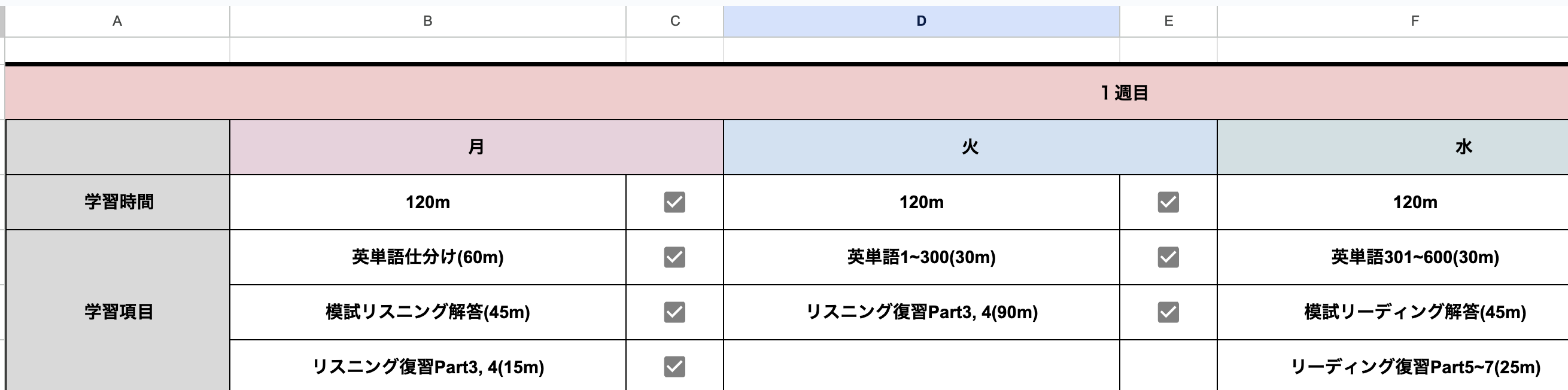 週次英語学習計画