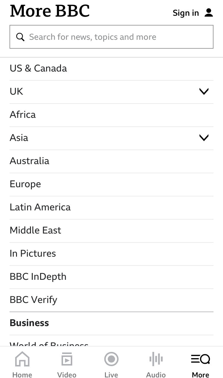BBCアプリの国・地域選択画面